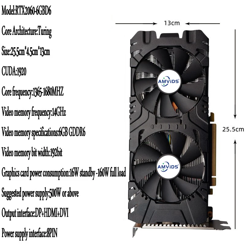 RTX 2060 6GB Graphics Cards 192 Bit GDDR6 HDMI-Compatible DP DVI GPU 2060 6G Computer Gaming Video Card