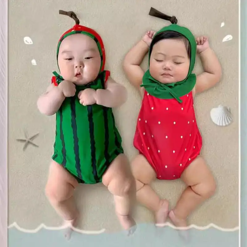 2026 Summer New Baby Sleeveless Bodysuit + Hat Infant Boy Girl Cute Fruit One Piece Swimsuit Toddler Bathing Suit 0-24M