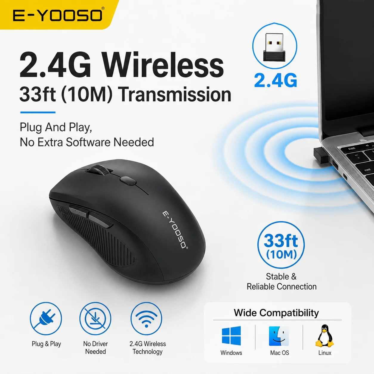 E-YOOSO 1pc 2.4G Single-mode Wireless Mouse Plug and Play Without Driver Office Mouse for Laptop, Desktop and for Mac