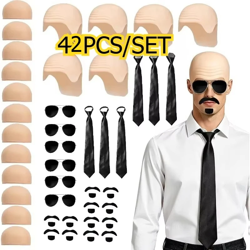42PCS Bald Cap Halloween Costume Cosplay Accessories Set with Latex Bald Hat And Nylon Wig Cap Glasses And Tie for Women Men