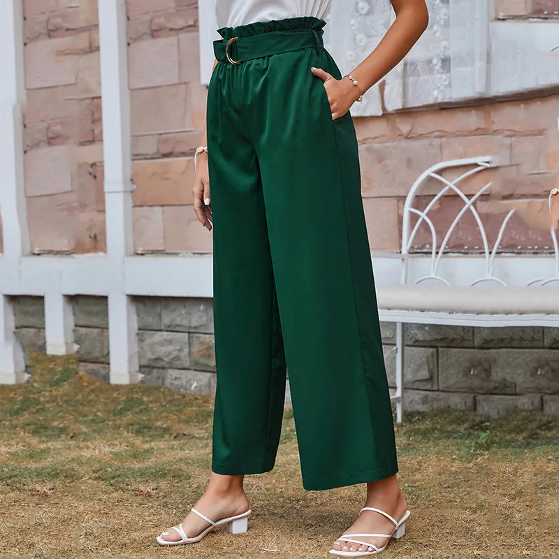 

Casual Summer Women High Waist Pants Vintage Ruffle Belt Trousers Wide Leg Long Pants Women Spring Autumn Pants Women Clothing