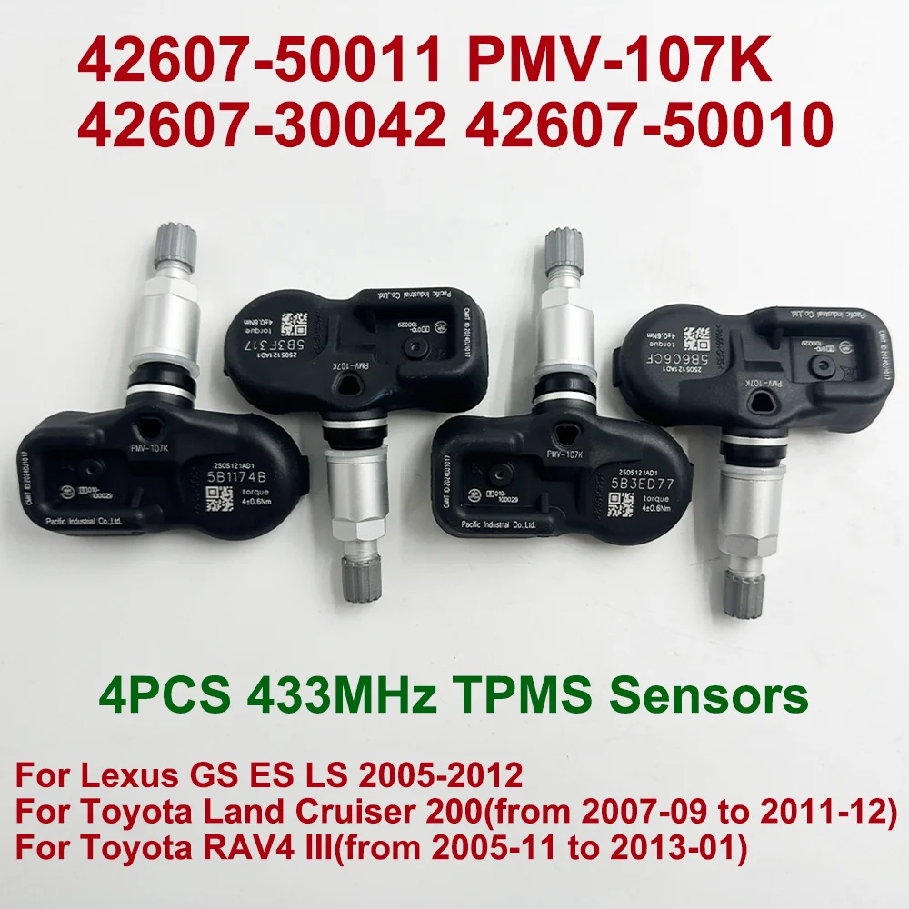 

4PCS 433MHZ TPMS Tire Pressure Sensor For Lexus ES GS IS LS Toyota Land Cruiser Prius RAV4 III PMV-107K 42607-50010 42607-50011