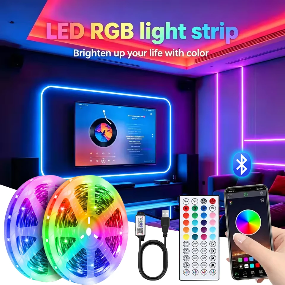 RGB LED Neon Rope Lights, USB Powered Color Changing LED Strips Set, with 44-key Remote Control and Intelligent Application Control, RGB Music Synchronous Lighting, Suitable for Rooms TV Backlight Home Wall Festival Party Atmosphere Decoration