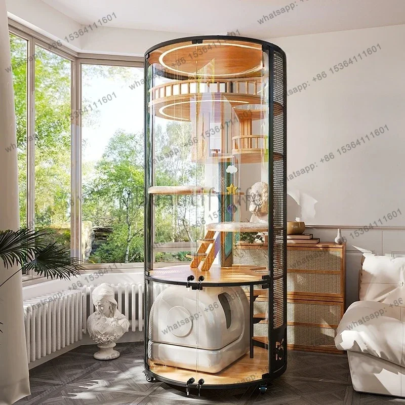 Villa Deluxe 360 Panoramic Cat Cage House Solid Wood Steel Glass Smart Cat Toilet