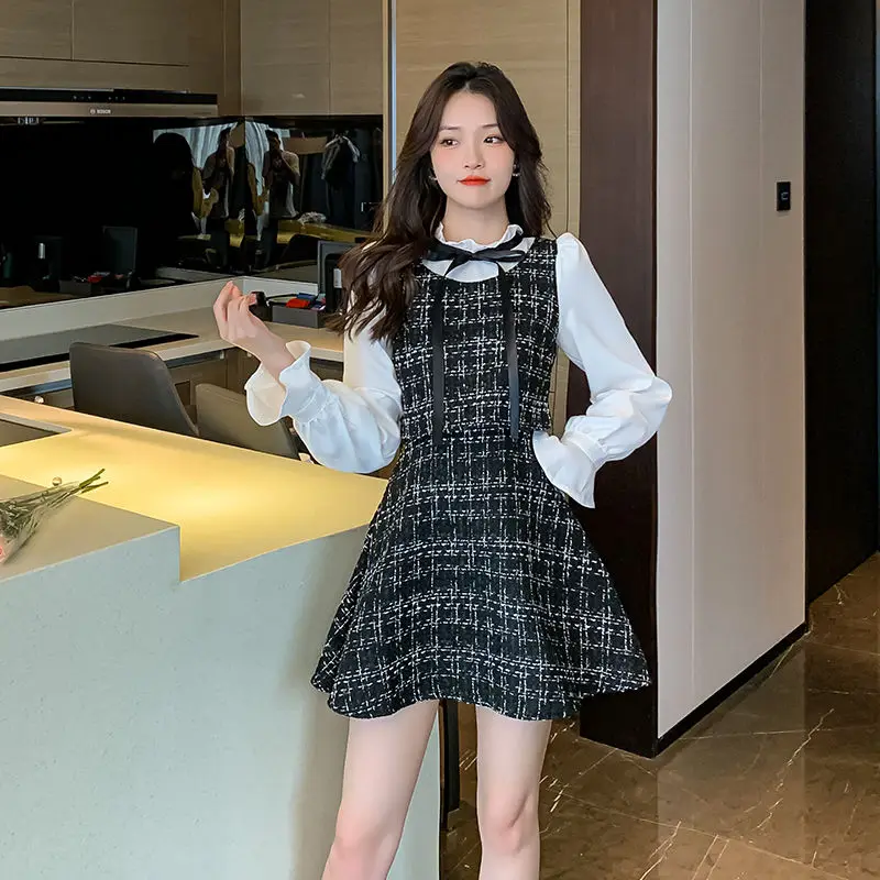 Women Spring Autumn Tweed Fake 2 Piece Mini Dress Korean Preppy Style Lady Graceful Bowknot Patchwork Dresses New Clothes Female