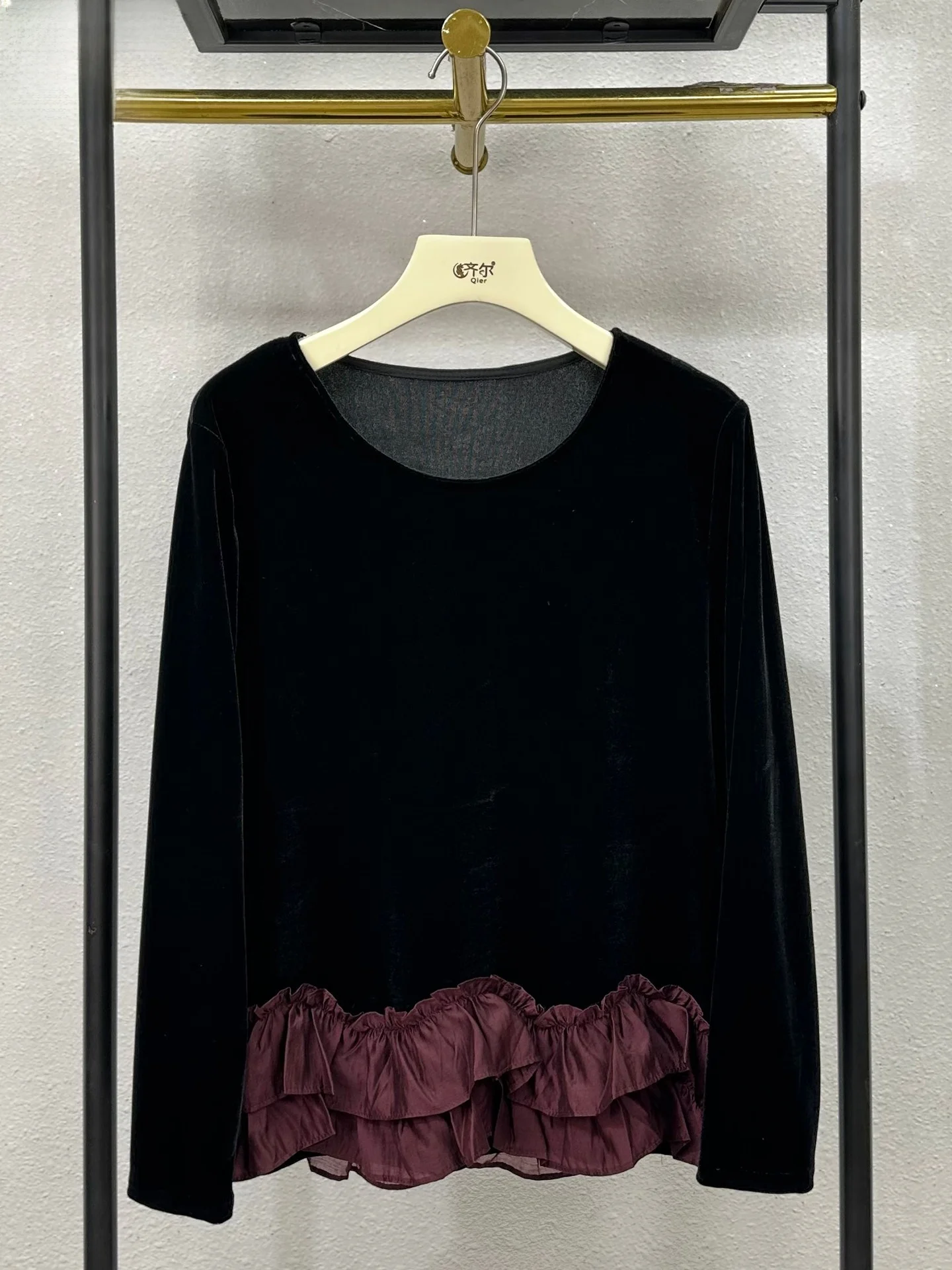 

Ретро-топ с длинным рукавом из бархата для женщин, весна-осень, новинка, с рюшами, свободного кроя, с круглым вырезом, во французском стиле