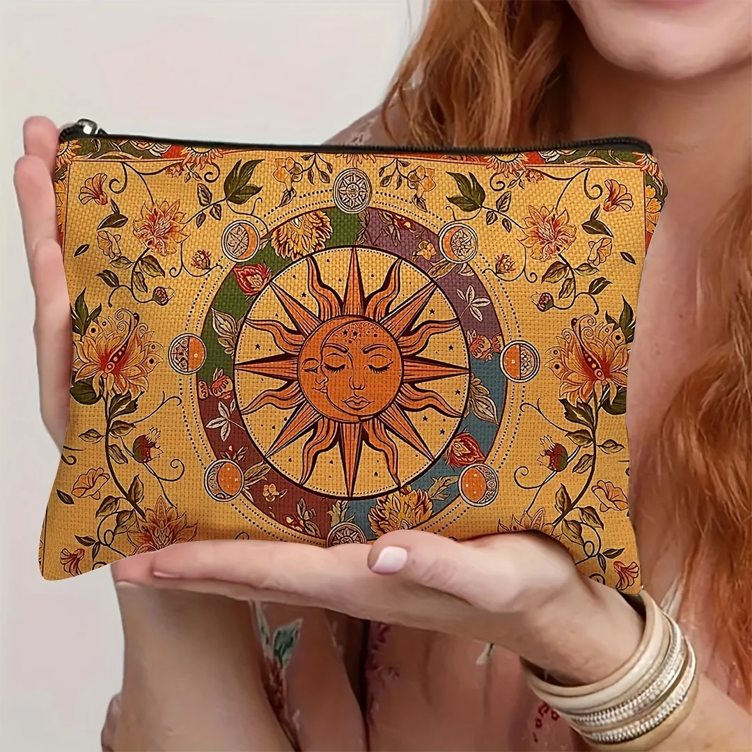 1pc Mystical Evil Eye & Sunflower Makeup Bag – Retro Floral Cosmetic Pouch, Black Background with Vibrant Tarot Card Designs