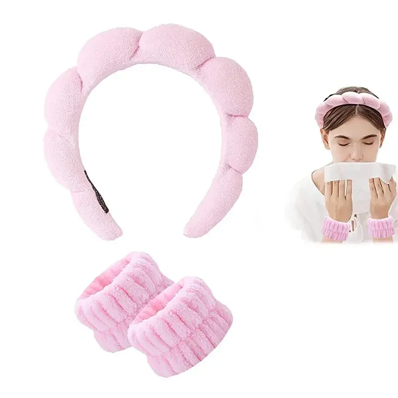 3Pcs Twisted Sponge Headband And Wristband Set For Women - Puffy Cloud Spa Hair Band With Face Wash Wrist Straps, Soft Terry Cloth Skincare Makeup Headwear, Slumber Party Essential - Detail 1