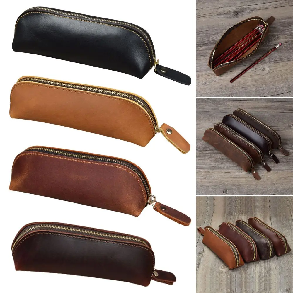 Multifunction Office Stationery Zipper Cowhide Pencil Bag Retro Style Pen Case Pen Storage Glasses Bag