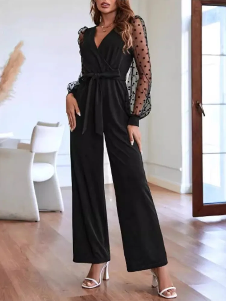 New Fashion V Neck Women\'s Lace Long Sleeve Jumpsuit Belt Straight Pants Elegant Women\'s Clothing Autumn Casual Black Jumpsuits