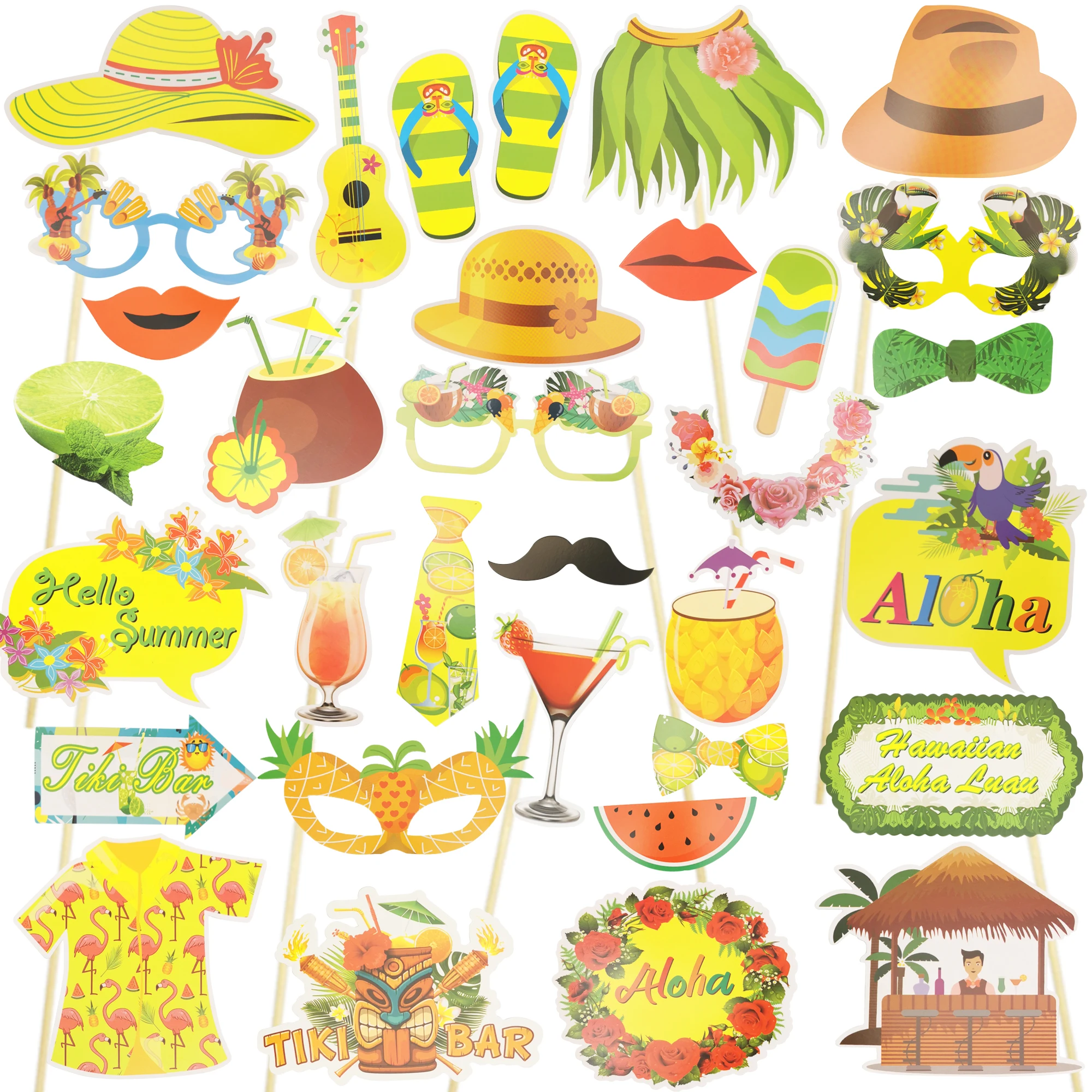 33pcs/lot Hawaiian party photo props aloha flowersflamingo hat on a stick photo booth props summer beach party decorations