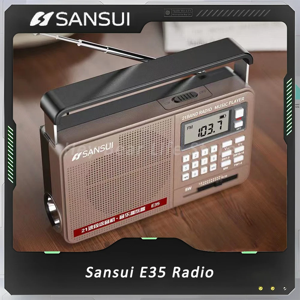 Sansui E35 Radio Full Band Hifi Bluetooth Digital Retro Radio Portable Mp3/Tf/U-Disk Music Led Flashlight Player Custom Speakers