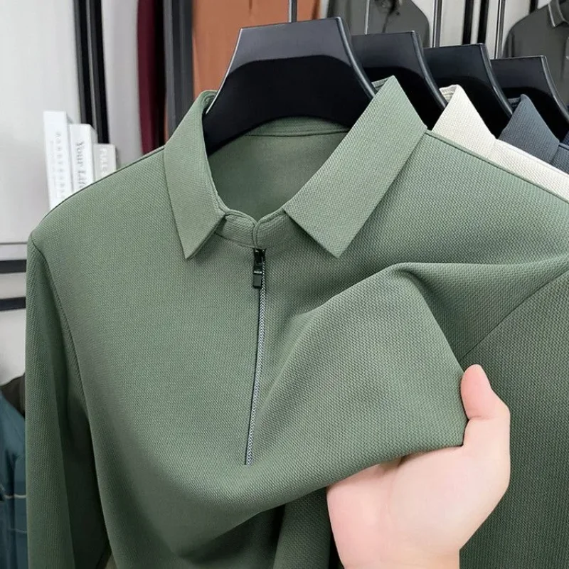 Business Casual Men Solid Color Half Zip Long Sleeve Polo Shirt Loose Turn Collar Autumn Daily Top