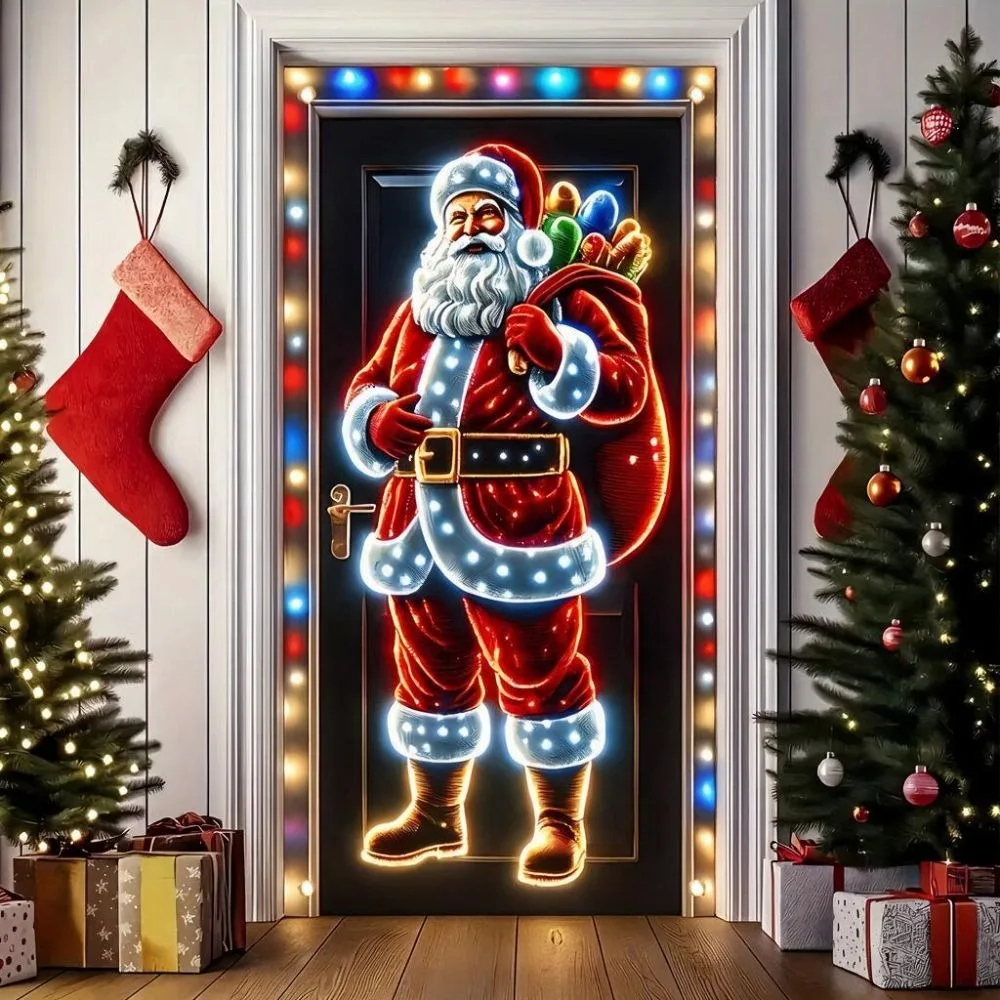 Santa Claus Pattern Christmas 2D Door Banner Perforated Strap Fastening Hanging Christmas Background Banner Polyester