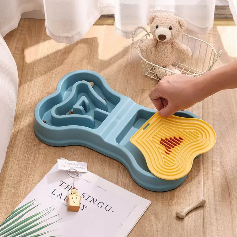 Dual Chamber Dog Slow Feeder Bowl Bone Shaped Non Slip Interactive Maze Pet Food Bowl for Dry Wet Food Anti Gulping Feeding Dish