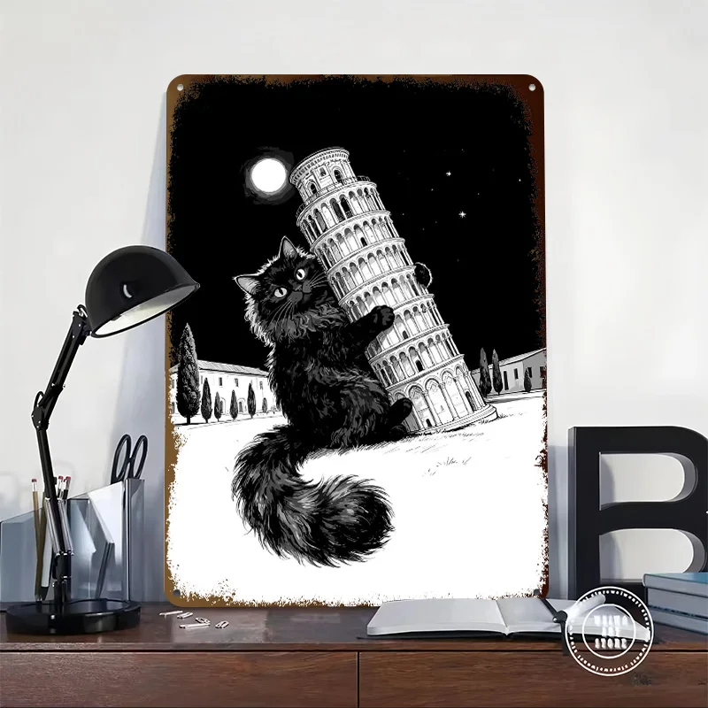 Black Cat Hugging Leaning Tower of Pisa Poster Retro 3D Printed Metal Signs Customized Wall Hanging Gift for Coffee Bar Man Cave