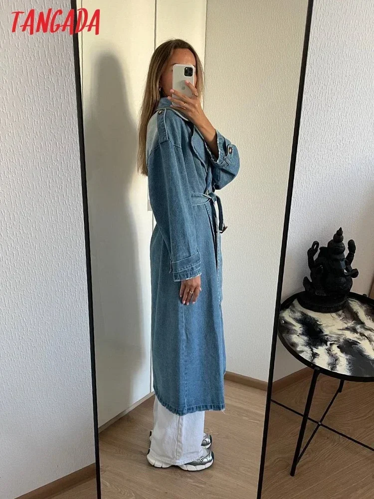 Tangada 2023 Autumn Women Blue Denim Trench Coat With Belt Elegant Female Loose Outwear 5B2