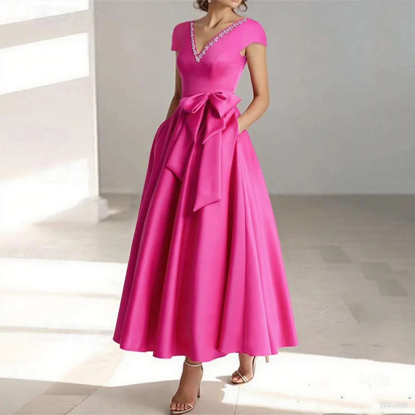 

Cap Sleeve V Neck Crystal Bow Ankle Length A Line Satin Wedding Guest Gown Cheap Mother of The Bride Dress Customized