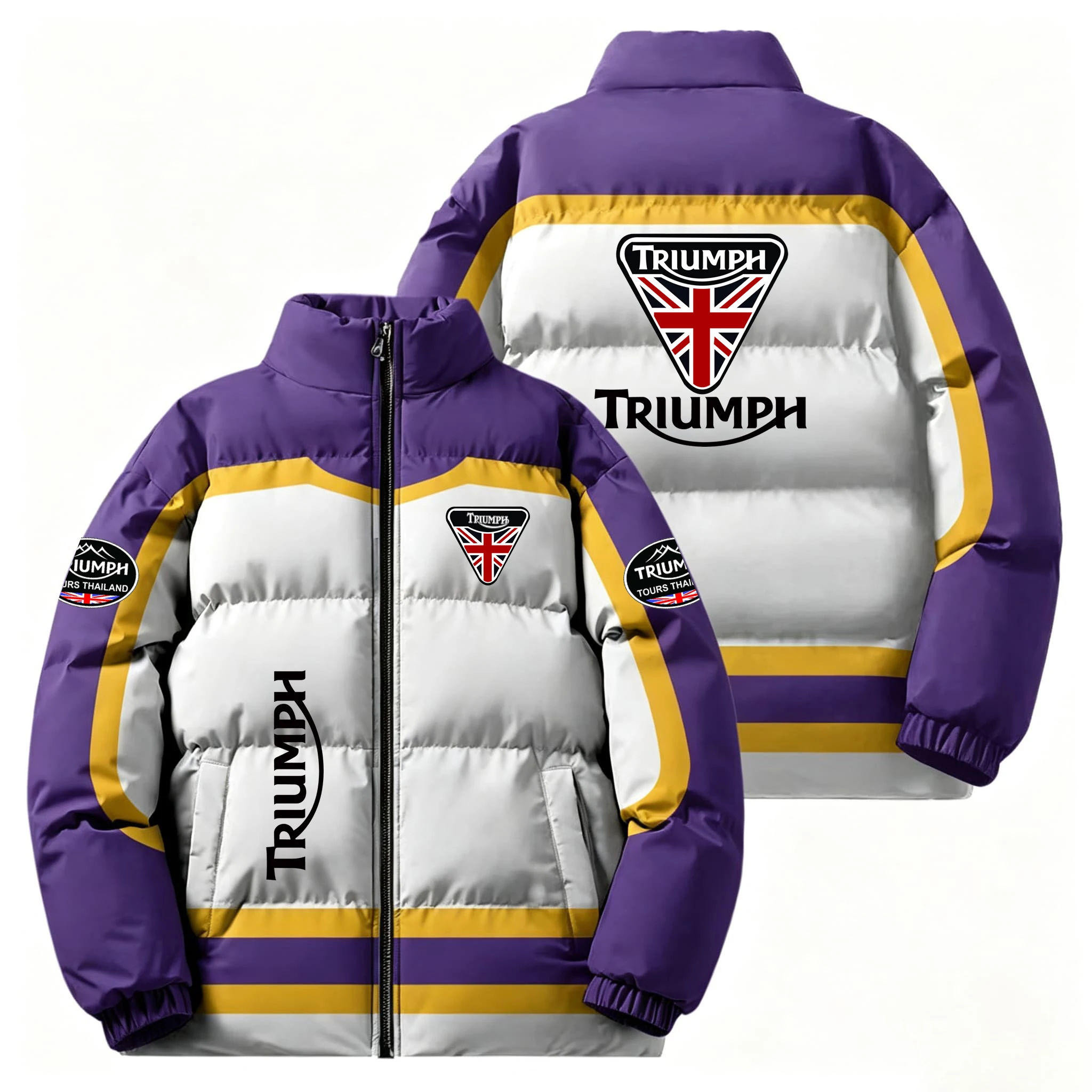 Men Motorcycle Riding Winter Puffer Coat Triumph Logo Print Stand Collar Thick Warm Cotton Jacket Windproof Full Zip Casual Stre