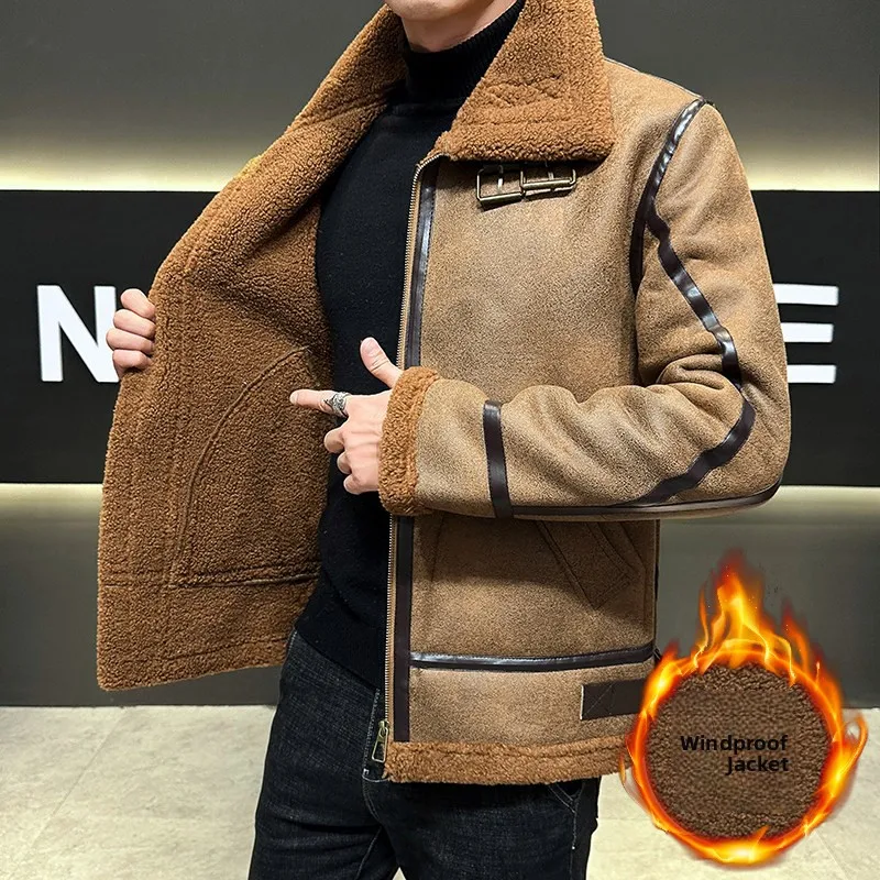 

Высококачественная кожаная и меховая куртка для мужчин, зимнее утепленное пальто из овечьей замши, теплое, модное, в городском стиле, на молнии