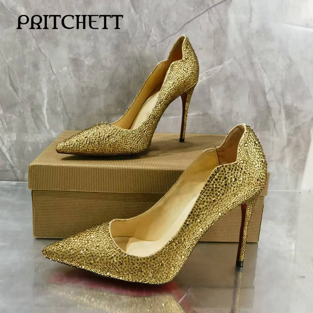 Salto alto com strass dourado para mulheres, sapatos vermelhos com diamantes completos, bombas de slip-on, elegante e sexy, tamanho grande