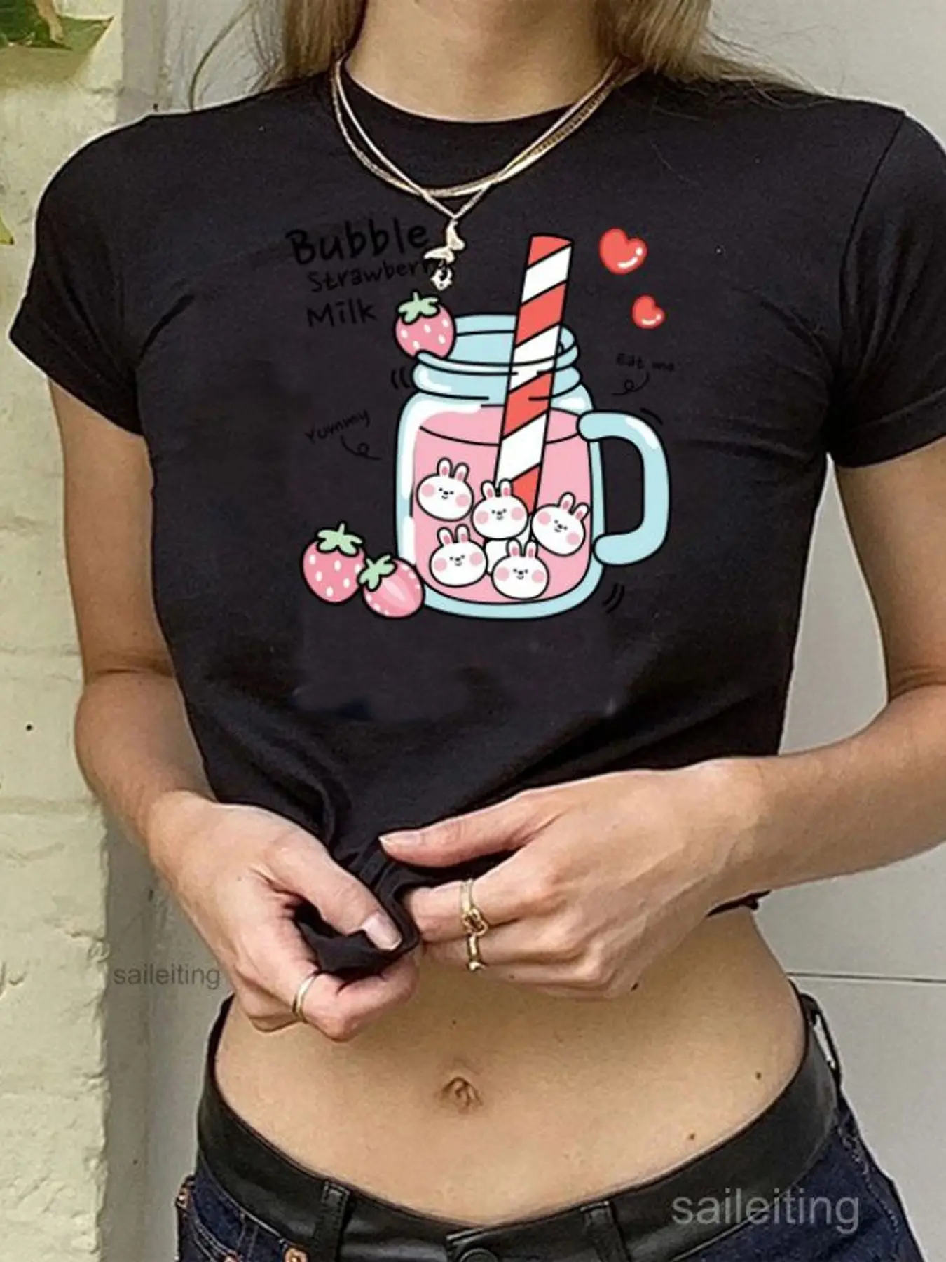 Cute Bubble Strawberry Milk Bunny Jar Print Crop Top - Short Sleeve Cartoon Graphic Tee, Sweet Yummy Heart Design, Summer Cas