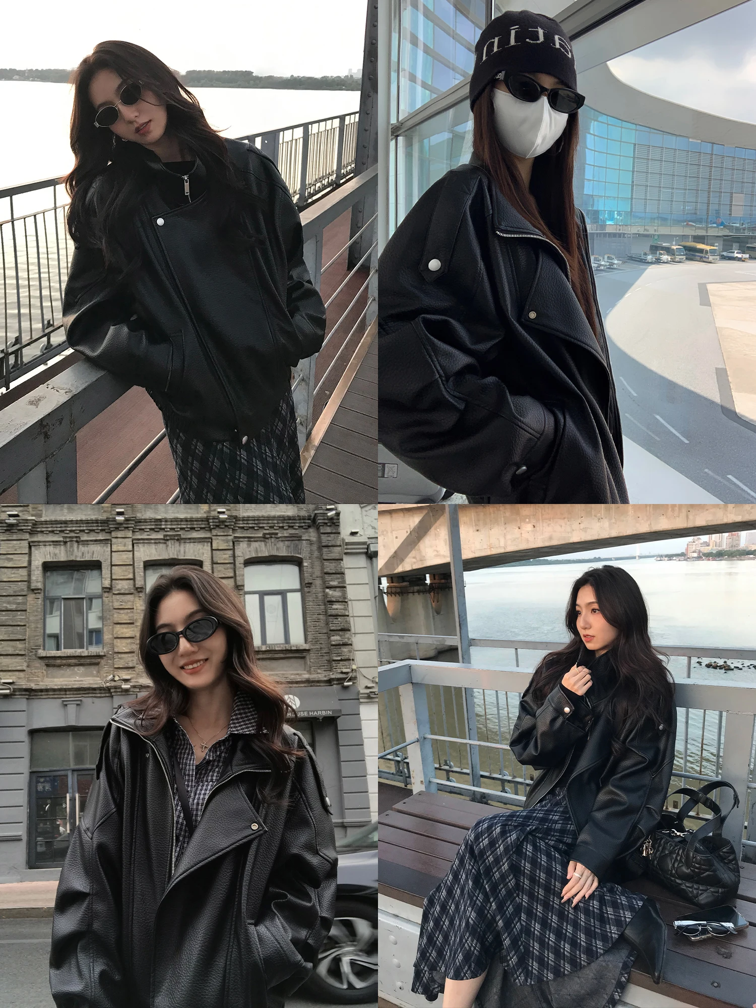 Jaqueta Feminina Mulvan Americana de Couro PU Preta Estilo Vintage Motoqueiro Solta Manga Longa com Mistura de Algodão