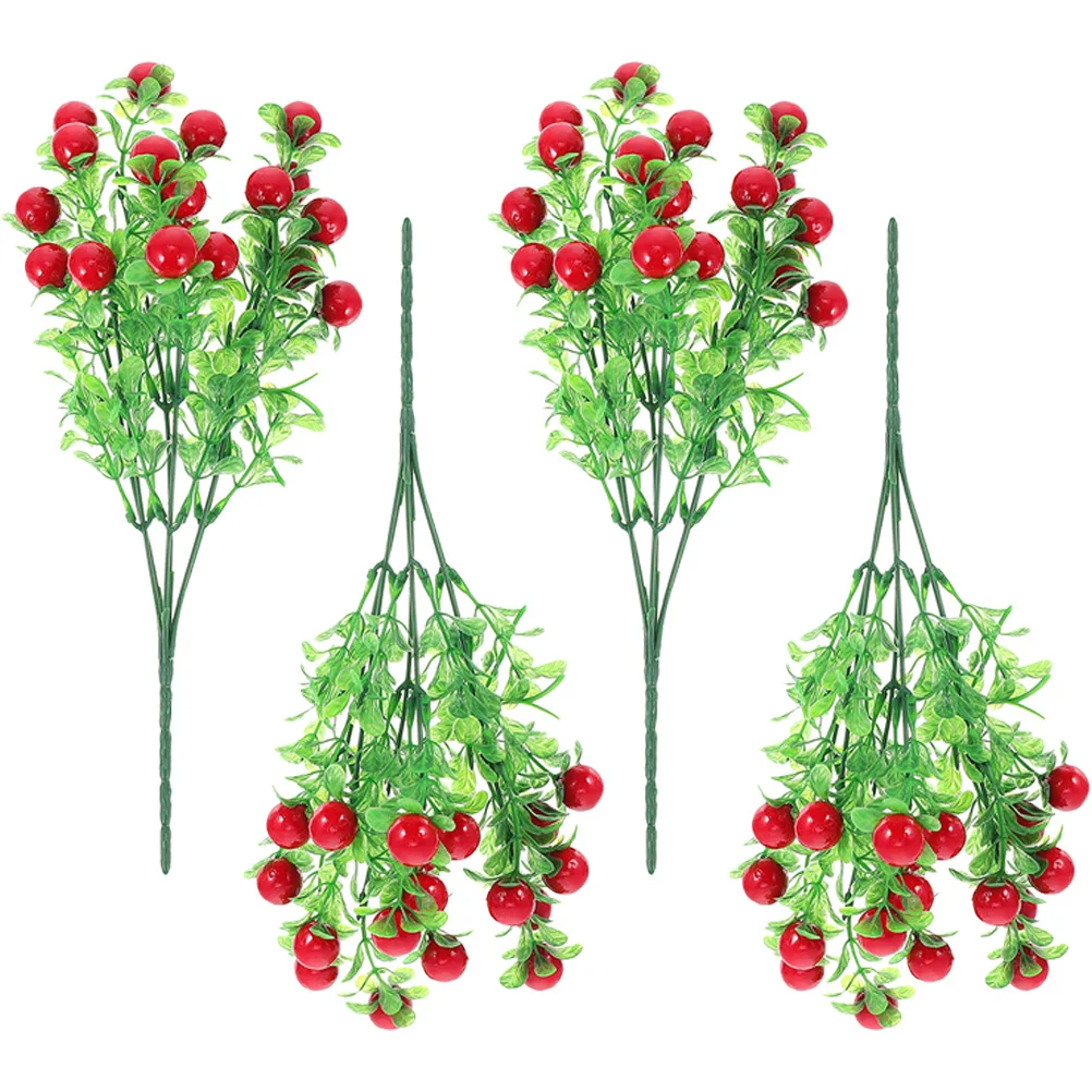 4 قطعة ينبع أحمر نابض بالحياة أوراق الأوكالبتوس فروع التوت الاصطناعي زهرية حشو وهمية التوت الأحمر باقة مقلد نباتات الفاكهة #6