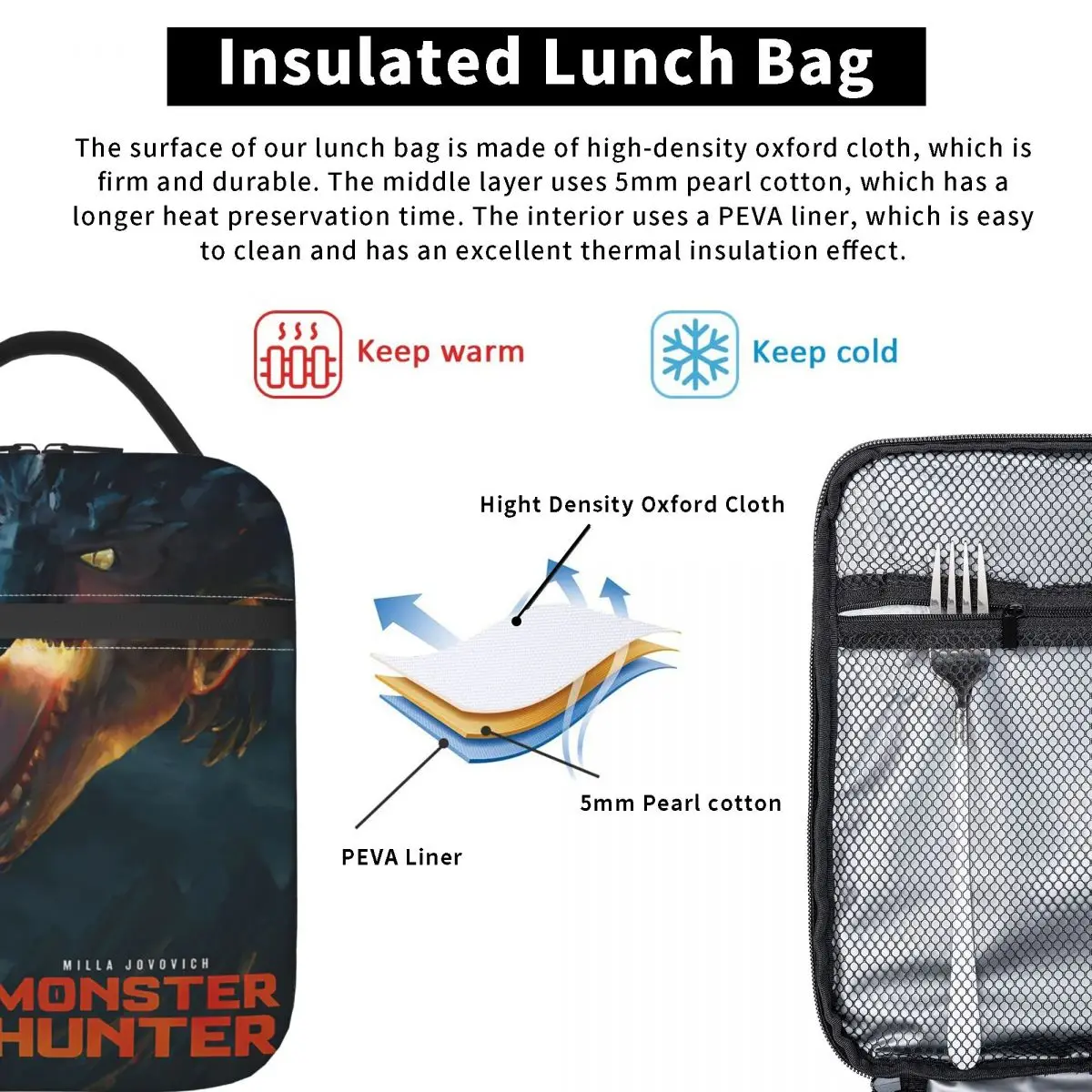 Monster Hunter Insulated Lunch Bag for Women Kids Portable Food Boxes Thermal Lunch Box Tote
