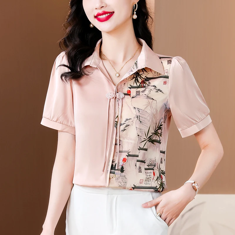 Women\'s New Summer Fashion Casual Short Sleeve Polo-Neck Chinese Style Chinese Style Button Up Satin Printed Silk Shirt Tops