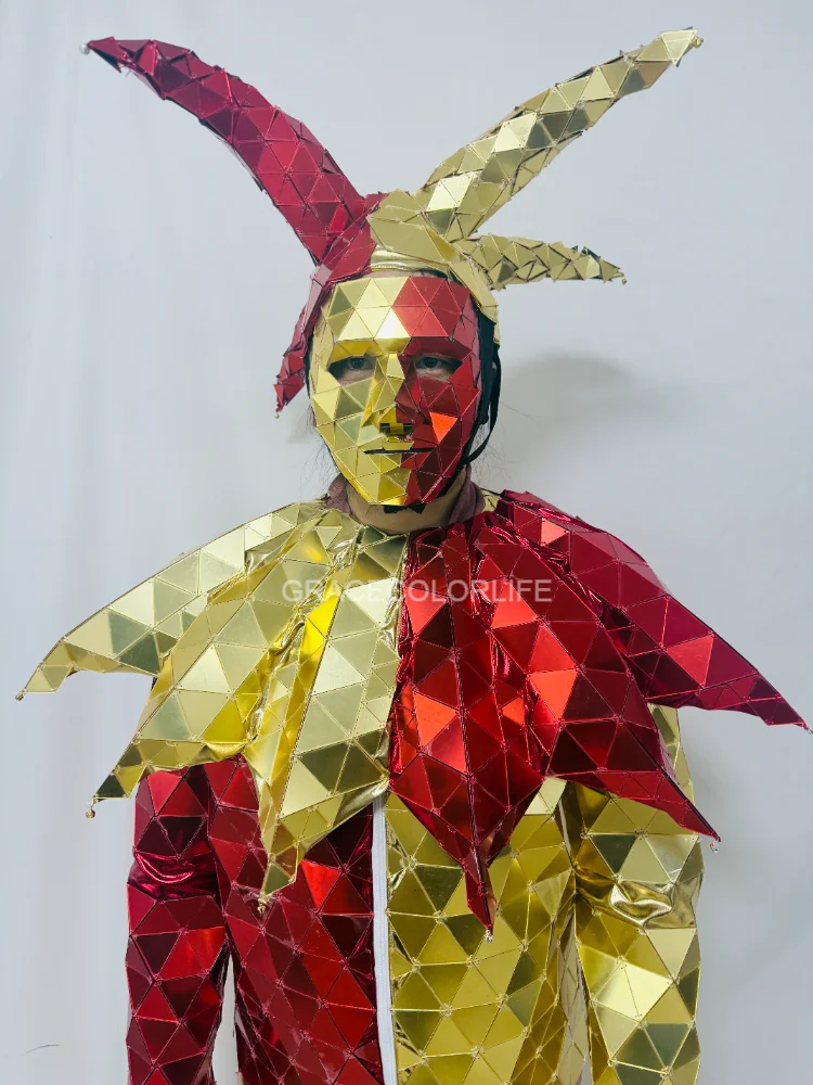 Red Gold Jester Mirror Costume for Men, Acrylic Mirror Clown Jumpsuit with Jester Hat Mask, Nightclub Stage Performance Cosplay