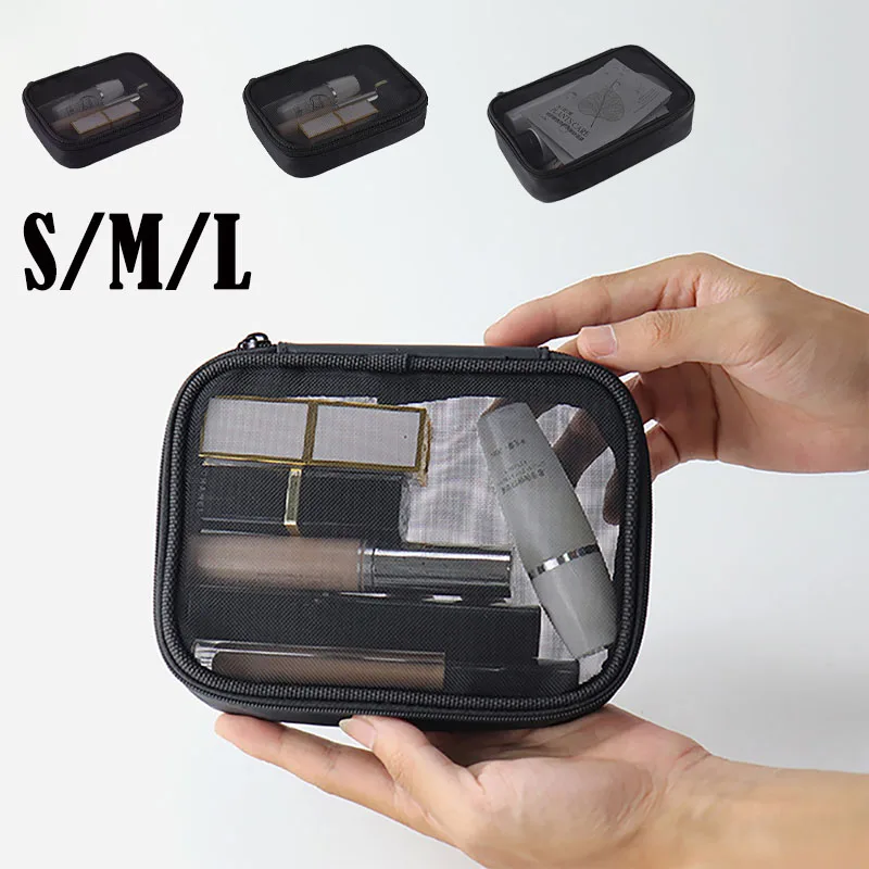 Women Fashion Makeup Bag Women Solid Color Zipper Cosmetic Bag Mesh Transparent Casual Travel Portable Mini Wash Storage Bags