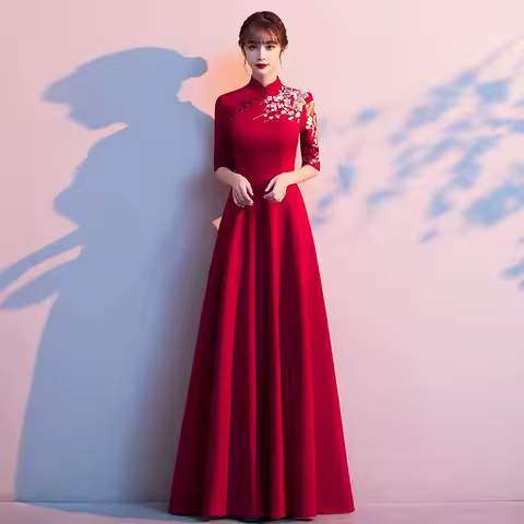 Plus Size 3XL Chinese Style Evening Party Dress Lady Qipao Burgundy Embroidery Applique Cheongsam Banquet Dress Elegant Vestidos