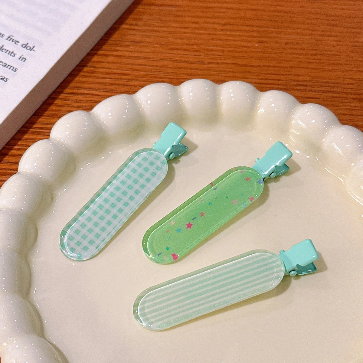 3個/スイートゼリーストライプチェックスターリボンヘアクリップ、ガーリッシュハート前髪、ショートヘアクリップ、メイクアップヘアクリップ、ヘアアクセサリー