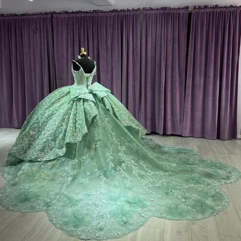 Lorencia-Vestidos De quinceañera verde salvia, apliques De flores, bordado con cuentas, vestido De fiesta De espagueti, 15 años, YQD311