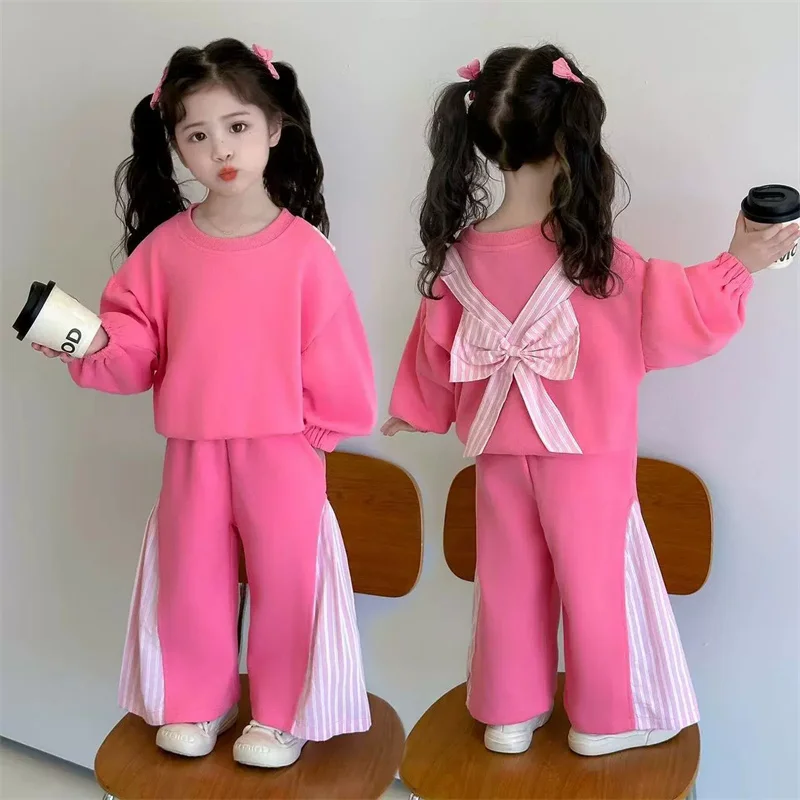 2026 New Girls Bow Tie Set Children Casual Suit Spring Long-Sleeved Striped Sweatshirt Pants 2Pc Kids Loose Outfit Autumn Clothe