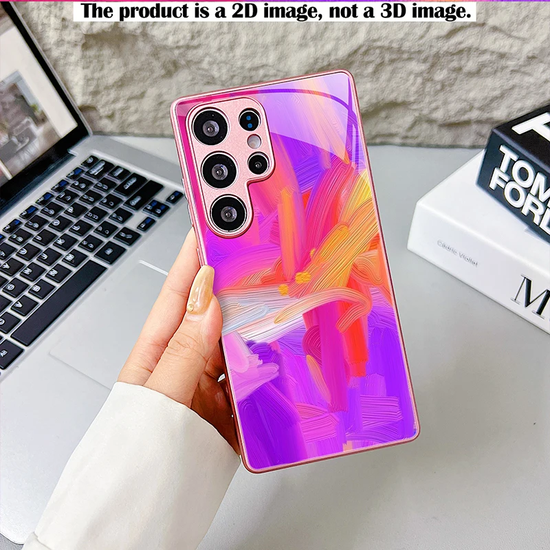 Yellow Interwoven Brushstroke 2D Printed Pink Base Glass Phone Case for Samsung S/A Series, Full Coverage Shockproof Cover