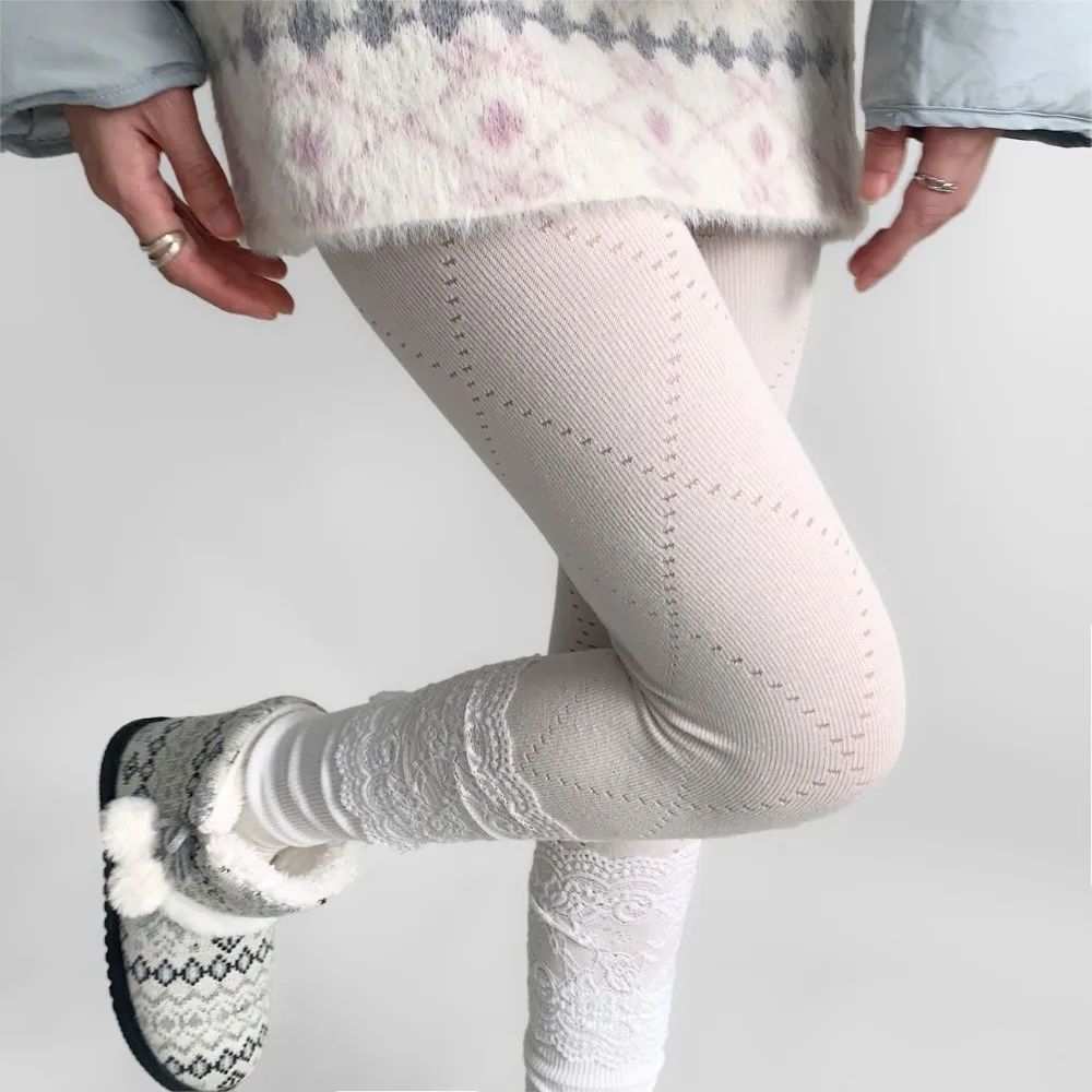 JK Lolita Fashionable Jacquard Knitted Stockings Breathable High-elastic Basic Pantyhose Thick Soft Argyle Tights Autumn Winter