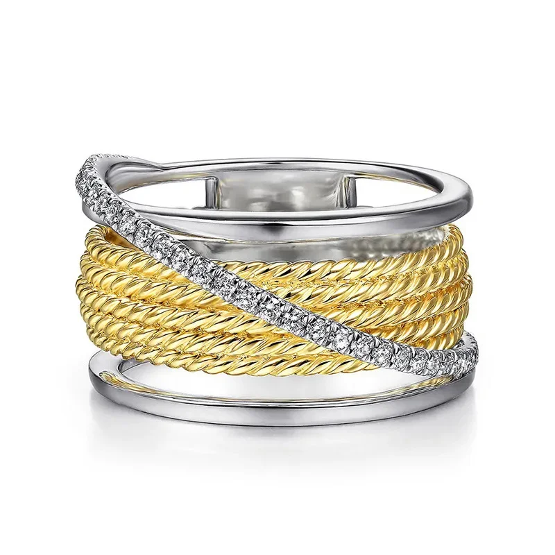 European and American Two-color Metal Fried Dough Twists Spiral Ring Attends Banquet, High-end Fashion Palace Style Fashion Ring