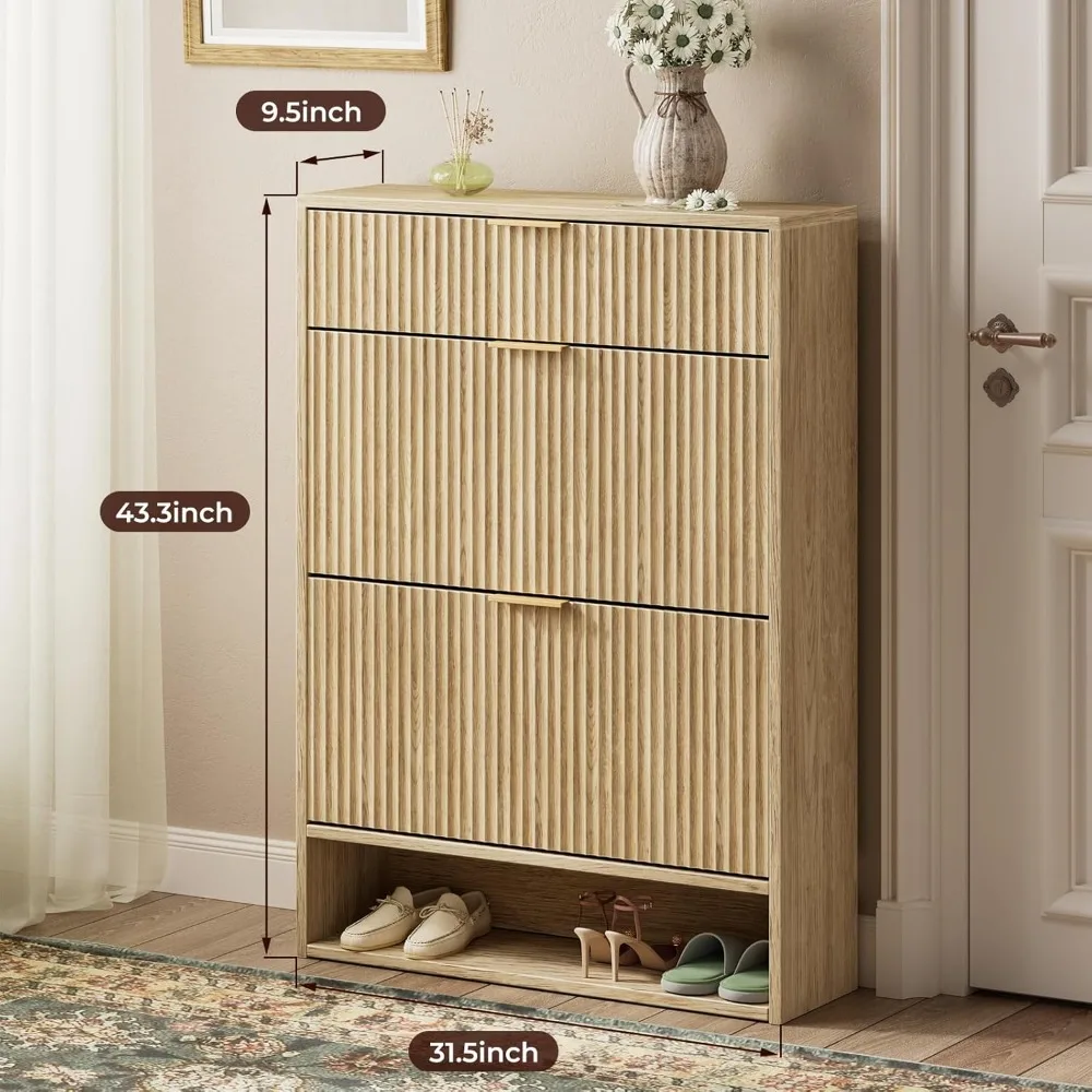 خزانة أحذية من خشب البلوط للمدخل مع درجين قابلين للطي، وخزانة أحذية بتصميم نحيف للمساحات الضيقة #2