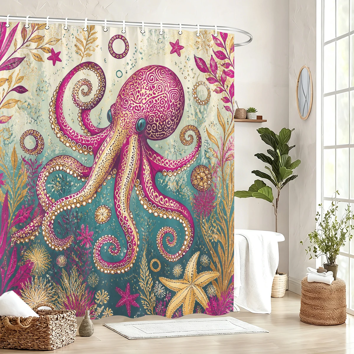 cortina-de-banheira-em-poliester-com-estampa-artistica-vibrante-decoracao-estilosa-para-banheiro-com-desenhos-de-garca-cisne-gato-e-polvo