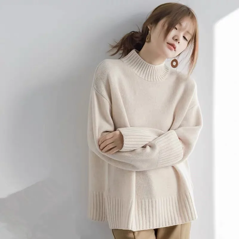 Sweter rajut kerah setengah tinggi wanita, sweter kasmir 100% wol gaya Eropa lembut nyaman, Sweater pendek longgar musim gugur/musim dingin