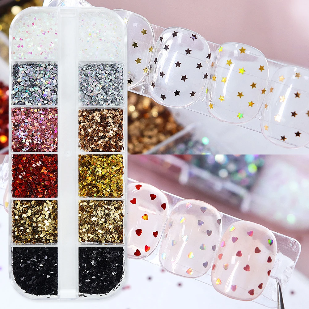 12Grids 3D Mini Heart/Star Nail Glitter Sequins 1mm Holographic Love Pentagram Flakes Sparkling Nail Art Decorations Paillettes