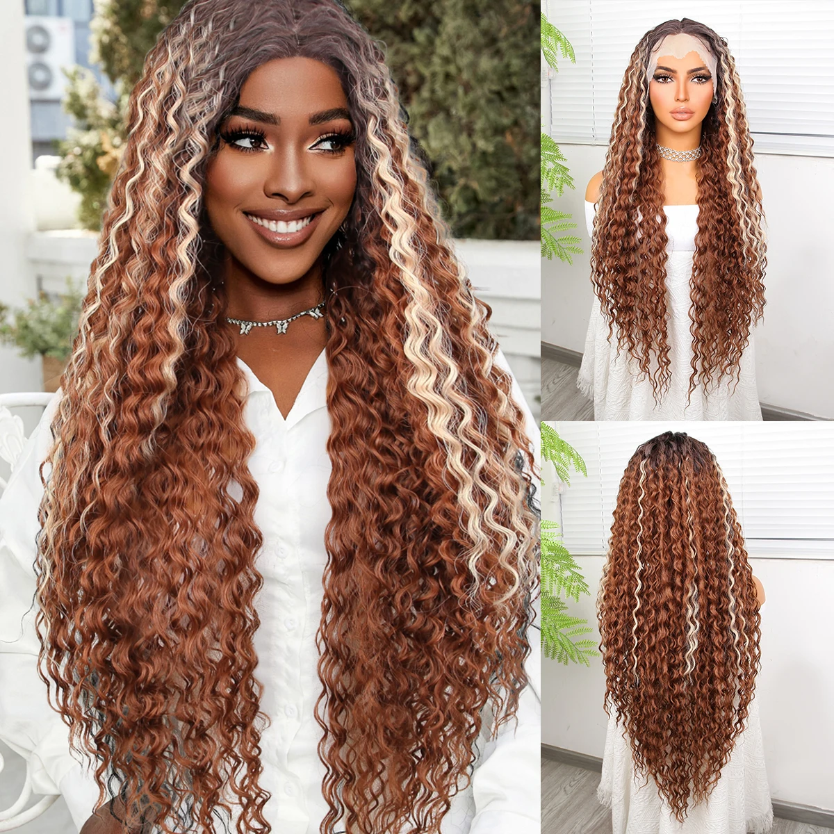 180 Density Synthetic Wig 13*4.5 Lace Front Wigs 32inch  Long Curly brown For Black Women Heat Resistant