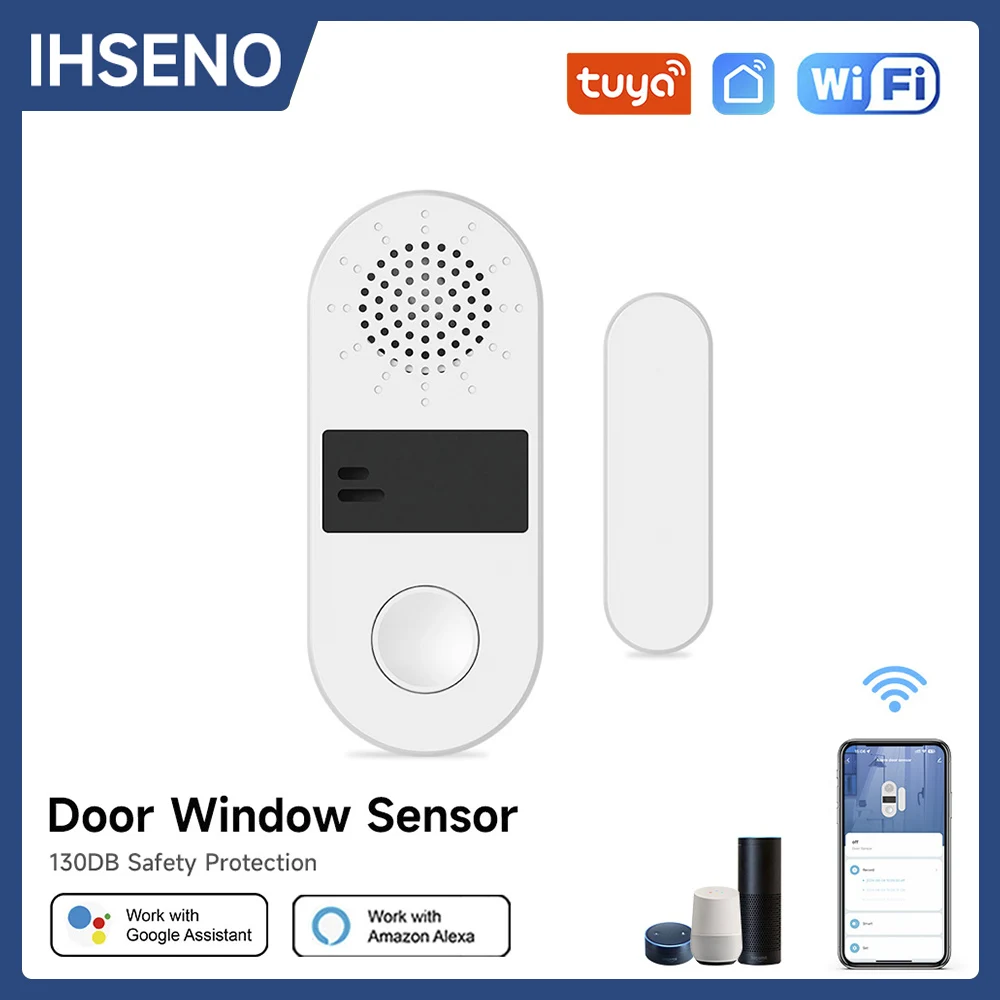 Tuya Wifi Door Window Sensor 130dB Sound and Light Alarm Smart Home Wireless Door Detectors Open/Close APP Remote Alarm