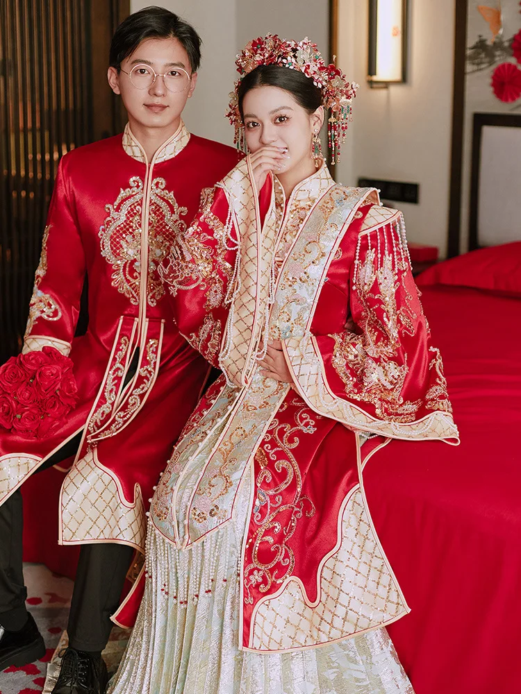 

Chinese Style Traditional Ming Dynasty Wedding Dress Qipao Oriental Couple Sequins Beading Tassels Toast Clothing Vestido