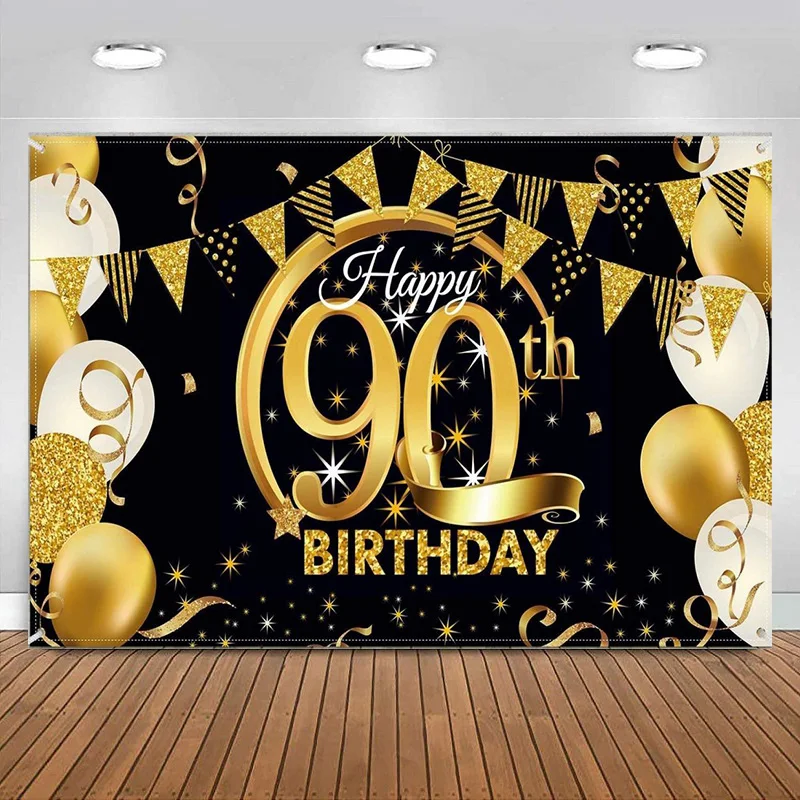 Happy 90th Birthday Party Decoration Black Gold Sign Poster for Photo Booth Backdrop Photography Background Banner Party Supplie