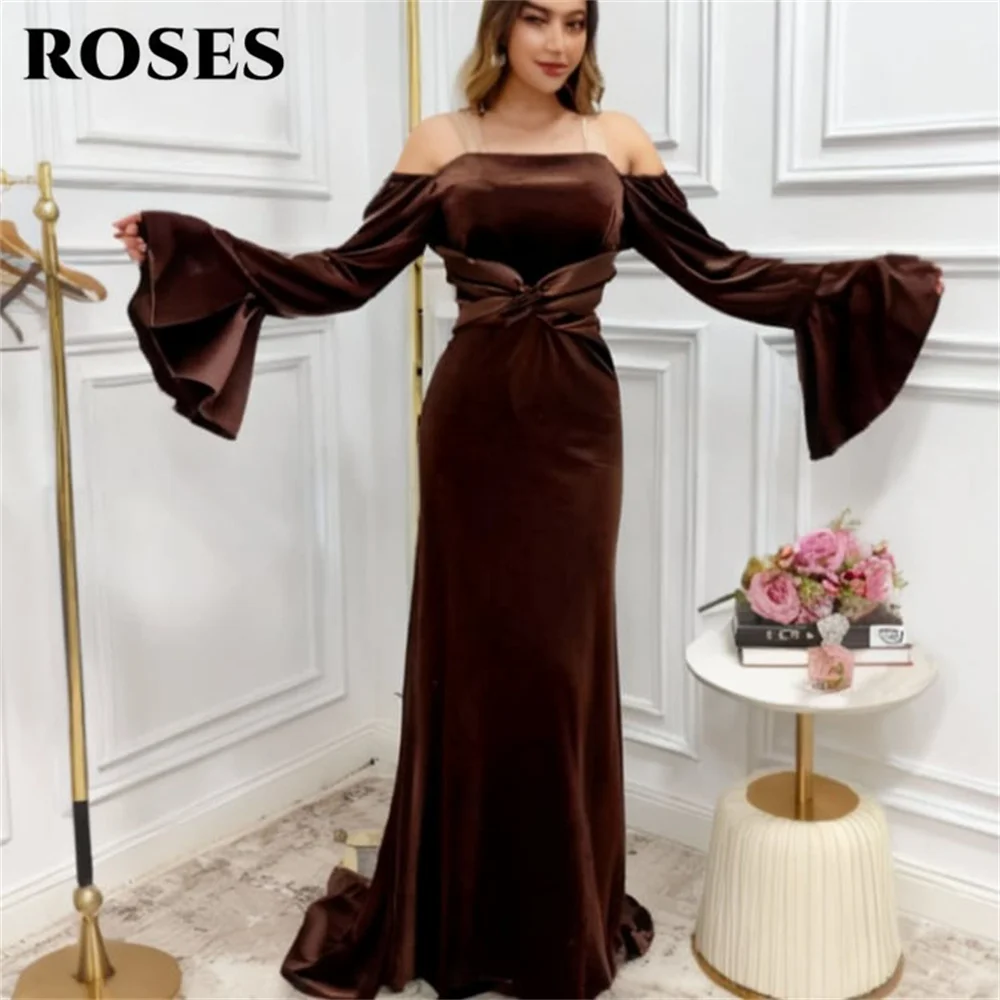 

ROSES Dark Brown Evening Gown Romantic Off Shoulder Prom Dress with Flared Sleeves Evening Gown Mermaid Prom Dress Customized