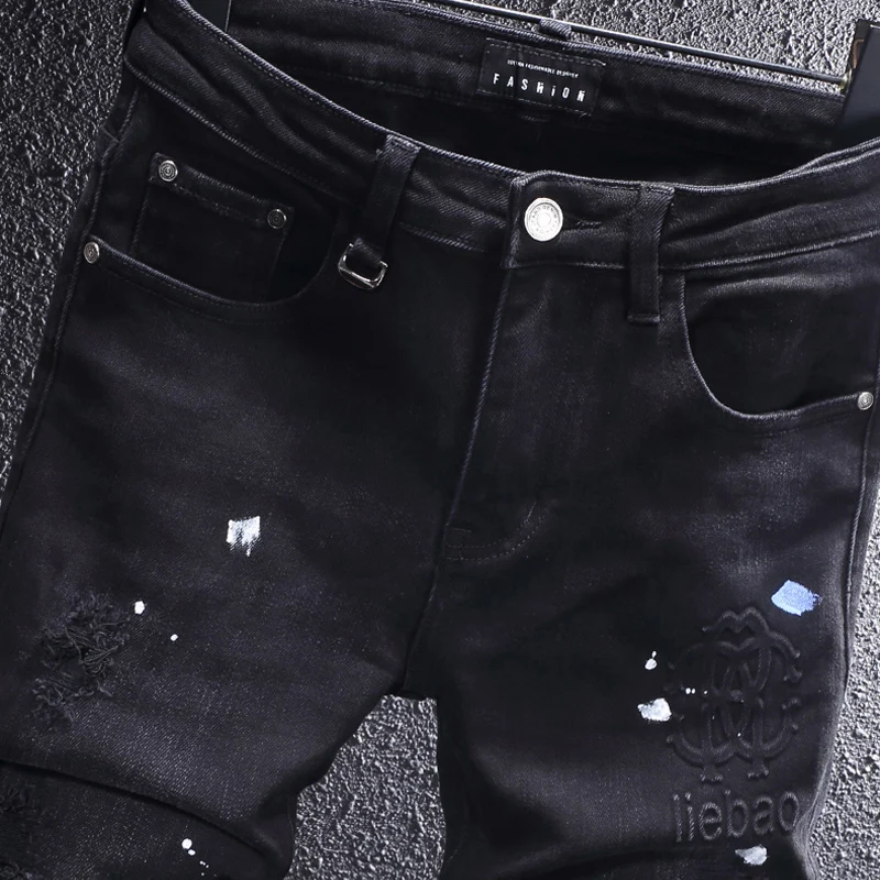 Street Designer Fashion Men Jeans Retro Black Gray Stretch Slim Fit Patched Ripped Jeans Men Painted Vintage Denim Pants Hombre