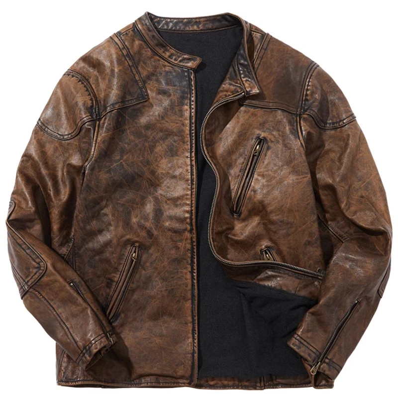 Plus-Size Retro Motorcycle Genuine Leather Jacket Coffee Brown Stand-Collar Vegetable-Tanned Top-Grain Leather Oversize